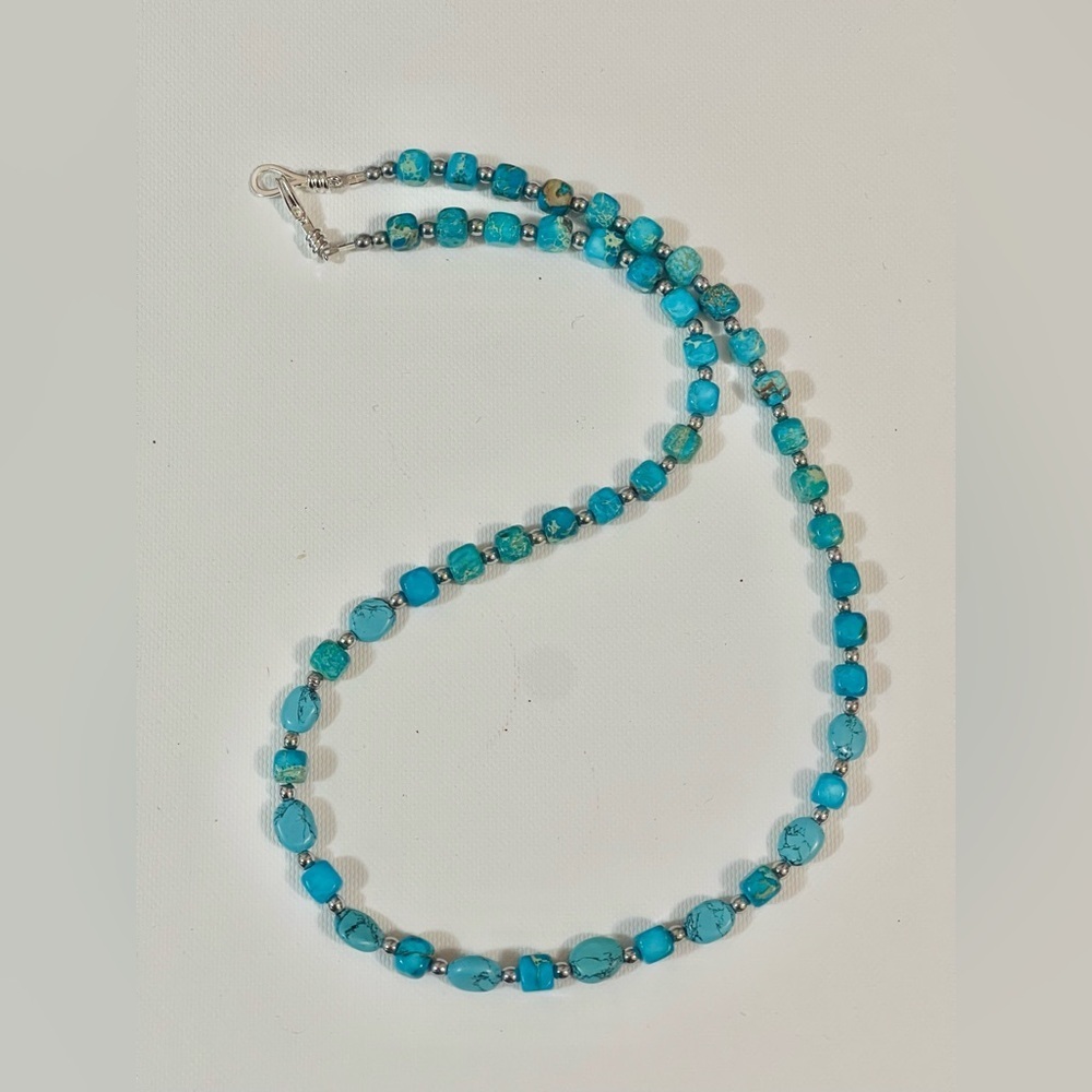 Southwest Turquoise Jasper Silver Pearl Beads Necklace Silver Plated Clasp 19” - Picture 2 of 6